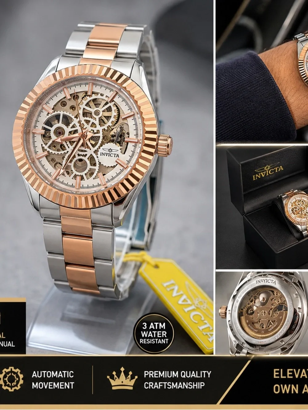 Invicta Men's Rose Gold and Silver Skeleton Automatic Watch